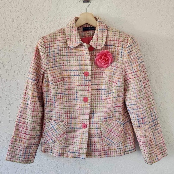Karen Scott Pink and Green Twill Jacket Blazer Size 10 Petite - Picture 1 of 10